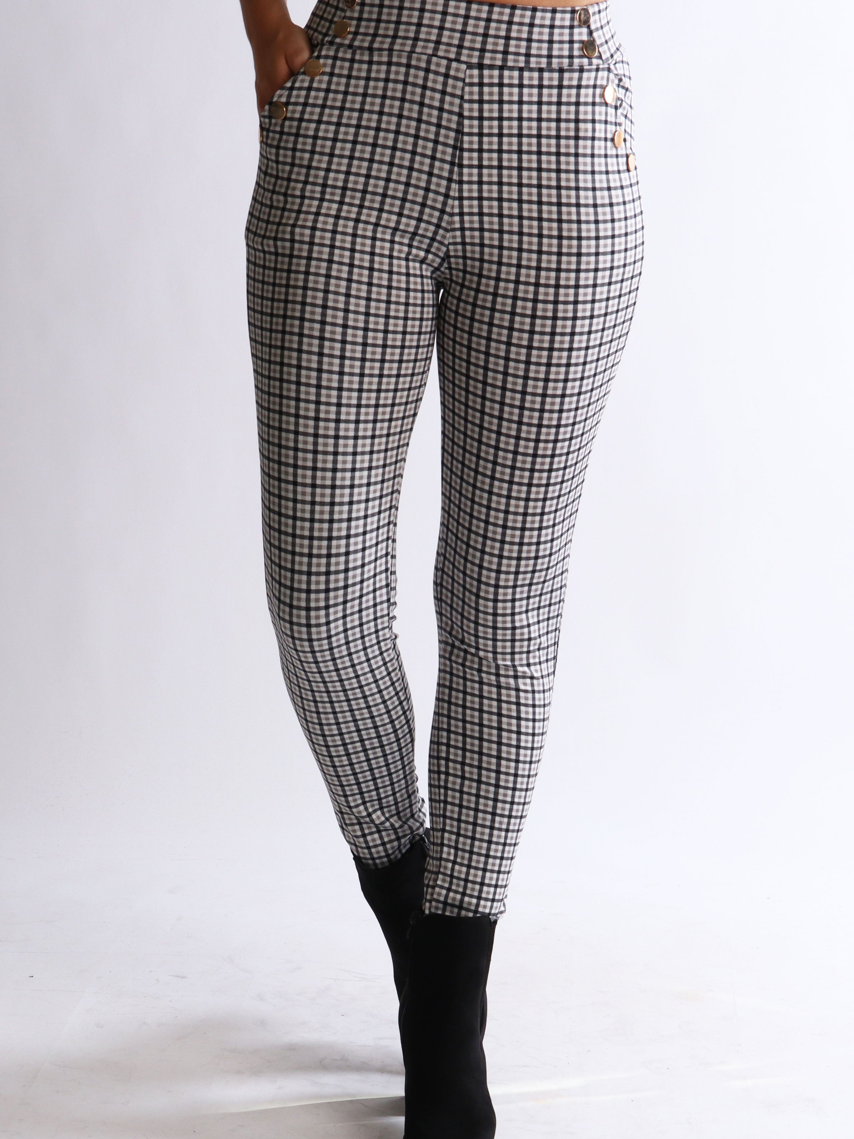 Selena - Rutiga elastiska byxor med guldknappar